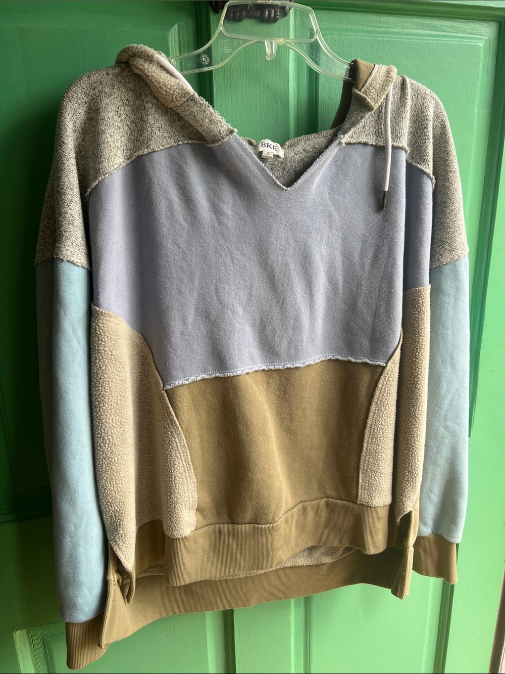 BKE Colorblock Patchwork Hoodie – Neutral Mixed Fabric Size Large unisex
